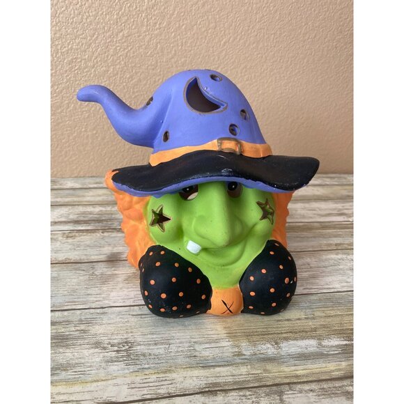 Vintage Halloween Witch Pumpkin Tea Light Candle Holder Ceramic - Picture 1 of 11